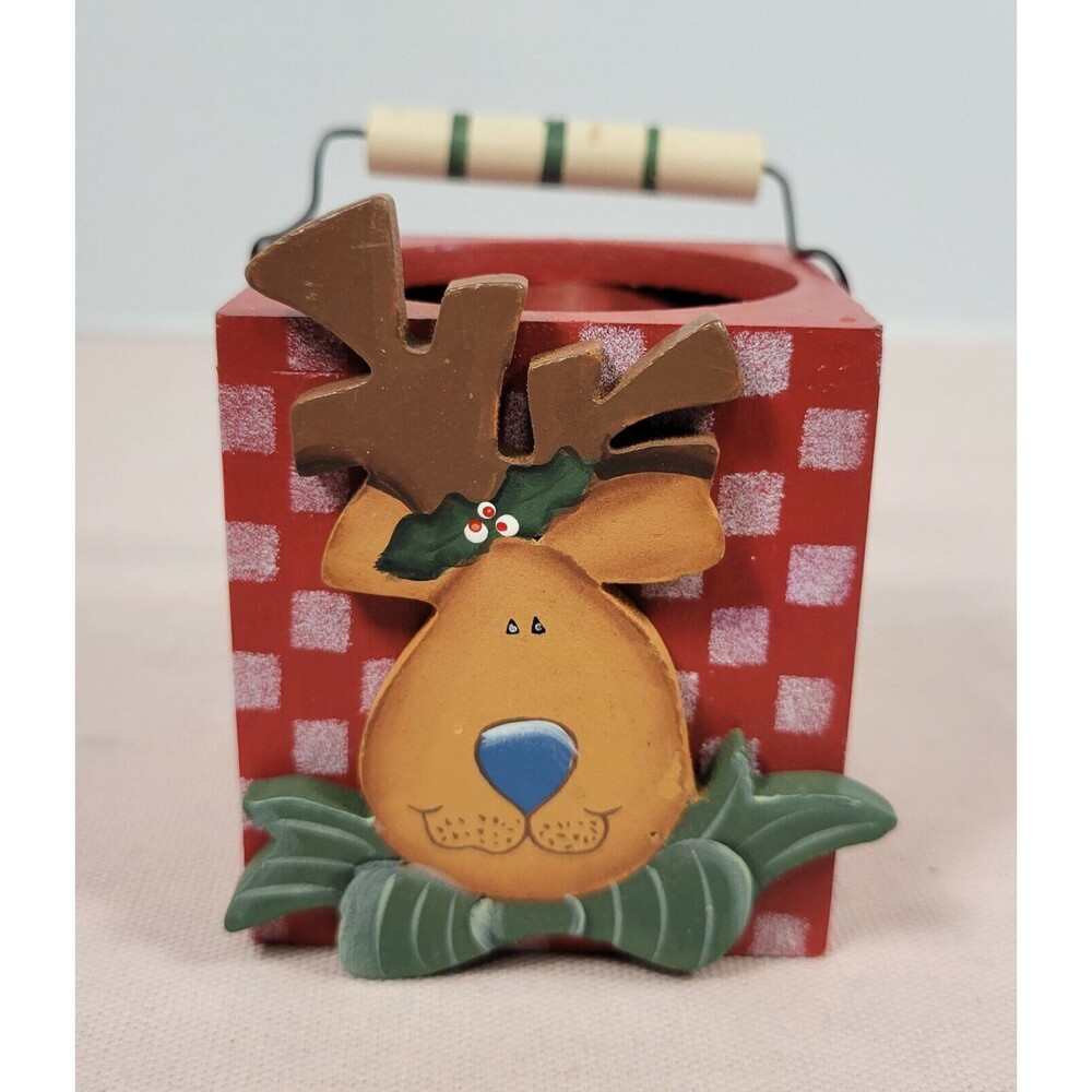 Wooden Holiday Reindeer Votive Tealight Candle Holder with Handle